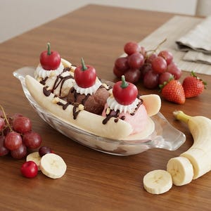 May include: A banana split dessert in a clear glass dish featuring three scoops of ice cream topped with whipped cream, chocolate syrup, nuts, and red cherries, accompanied by fresh red grapes, strawberries, and sliced bananas.