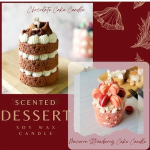 Strawberry Macaron, Chocolate Fudge Cake Candle: Scented Soy Wax Dessert Candle, Home Decor