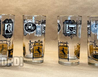 Set of 4 Libbey Tavern Inn Gold Ad Sign Barware Glasses