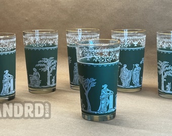 Set of 6 Jeannette Glass Co Green Greek Hellenic  Drinking Glasses