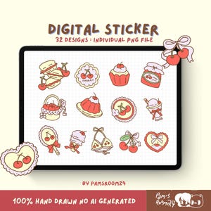May include: A digital sticker set featuring 32 cherry-themed designs displayed on a tablet screen. The illustrations include cherries, desserts, a jar, a mirror, and a bikini top in red, pink, and cream colors. Text reads DIGITAL STICKER and BY PAMSROOM24.