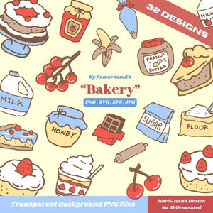 Könnte beinhalten: Handgezeichnete Illustrationen zum Thema Bäckerei. Das Bild zeigt verschiedene Lebensmittel wie Kuchen, Gläser mit Honig und Marmelade, eine Banane, Erdnussbutter, Tortenstücke, Milch, Zucker, Mehl und Kirschen. Text enthält "Bakery" und "32 Designs".