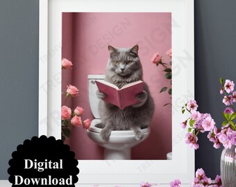 Cartel del inodoro divertido, imágenes digitales, cartel del inodoro mural baño, inodoro de invitados, rosas de flores, gato sentado en el libro de lectura del inodoro