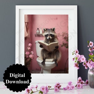Digital file for self-printing, toilet poster, bathroom mural, guest toilet, loo, funny humor, raccoon sitting on toilet