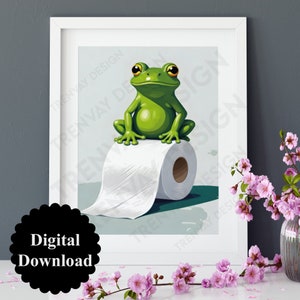 Bathroom decoration, toilet poster funny, digital pictures, wall picture toilet poster bathroom, guest toilet, frog sitting on toilet paper