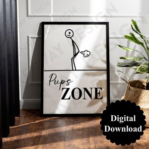 Puede incluir: Señal imprimible en blanco y negro con un perro de palo haciendo caca y el texto "Pups Zone".