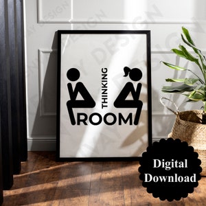 Puede incluir: Señal imprimible en blanco y negro con el texto "Thinking Room" y dos figuras de palo, un hombre y una mujer, sentados en un inodoro.