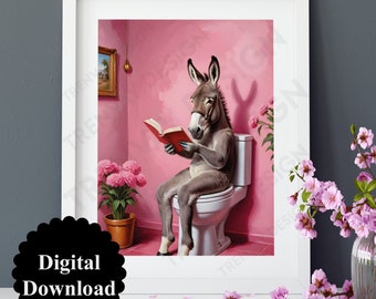 Cartel del inodoro divertido, imágenes digitales, mural del cartel del inodoro baño, inodoro de invitados, rosas de flores, burro se sienta en el libro de lectura del inodoro