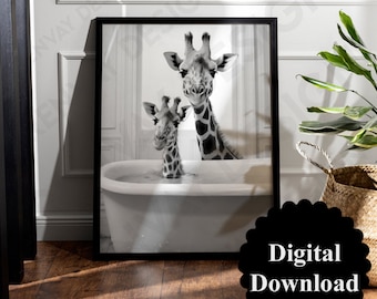 Guest toilet poster animals, digital file, toilet poster, bathroom picture, funny animal portrait, funny humor, baby giraffe in the bathtub