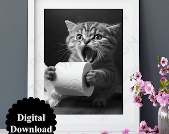 Decoración de carteles, Póster de inodoro, Divertido, Archivo digital, Mural de baño de póster de inodoro, Inodoro de invitados, Papel higiénico - Gato