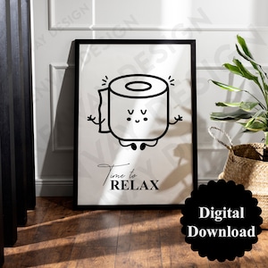 Könnte beinhalten: Schwarzweißes druckbares Wandbild mit einem Cartoon-Toilettenpapierrollen mit einem lächelnden Gesicht und dem Text "Time to Relax".