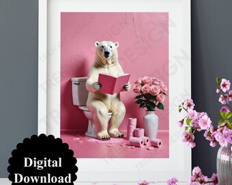 Cartel del inodoro divertido, archivo digital, mural del baño del cartel del inodoro, inodoro para invitados, rosas de flores, oso se sienta en el inodoro y lee el libro