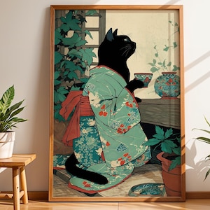 Kitchen JAPANDI wall art decor,Japanese kitchen wall art, Relaxation poster, Japan cat wall art, Aesthetic minimalism, cat tea time japanese