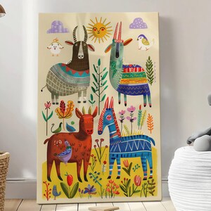 Glückliche Tiere Illustration Natur Kinderzimmer Kunst, Kinderzimmer Wand Kunst Druck, Geschenke für Kinder, Bunte Cartoon Illustration Wandkunst