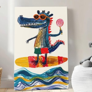 Coccodrillo che fa surf, cartone animato da parete