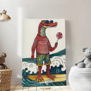 Coccodrillo che fa surf e si rilassa nell'oceano, arte murale, decorazione murale, decorazione murale con cartoni animati