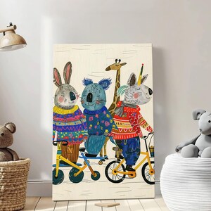 Radfahren glückliche Tiere Illustration Natur Kinderzimmer Kunst, Kinderzimmer Wand Kunst Druck, Geschenke für Kinder, bunte Cartoon Illustration Wandkunst