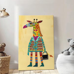 Giraffa astratta dello shopping, stampa su tela con cornice, arte murale dei cartoni animati