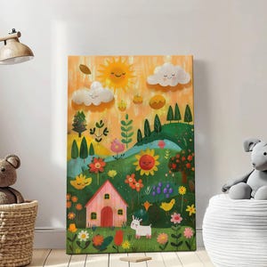 Ilustración de flores de Baby Town, arte de pared para habitación infantil, impresión de arte de pared para habitación infantil, regalos para niños, ilustración de dibujos animados coloridos, arte de pared para habitación infantil