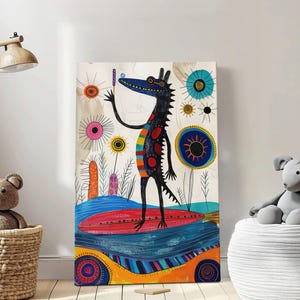 Coccodrillo astratto che fa surf e si rilassa nell'oceano, arte murale, decorazione murale, decorazione murale con cartoni animati