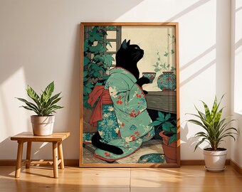 Japandi Kitchen Cat Art: Japanese Tea Time Poster