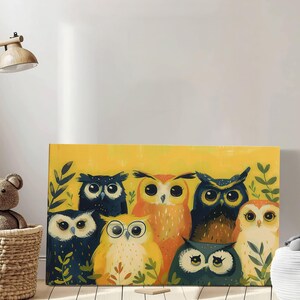 Uilen illustratie natuur kinderkamer kunst, kinderkamer kunst aan de muur print, cadeaus voor kinderen, kleurrijke uil vrienden cartoon kunst aan de muur