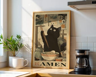 Japanese Cat Ramen Poster: Funny Sushi Kitchen Wall Art