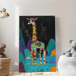 Surfende Giraffe in schwarz-weiß, gemalt auf Leinwand