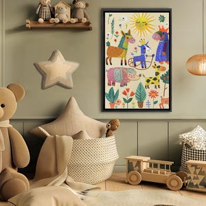 Glückliche Tiere Illustration Natur Kinderzimmer Kunst, Kinderzimmer Wand Kunst Druck, Geschenke für Kinder, Bunte Cartoon Illustration Wandkunst