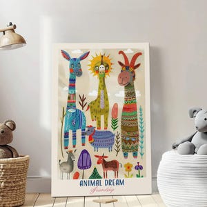 Dieren droom illustratie natuur kinderkamer kunst, kinderkamer muur kunst print, cadeaus voor kinderen, kleurrijke cartoon illustratie kinderkamer kunst aan de muur