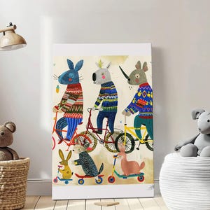 Radfahren glückliche Tiere Illustration Natur Kinderzimmer Kunst, Kinderzimmer Wand Kunst Druck, Geschenke für Kinder, bunte Cartoon Illustration Wandkunst