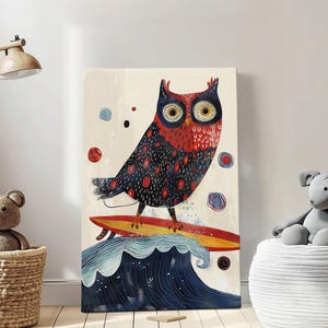 Abstrakte Surfende Eule, Kunst Cartoon mit Leinwanddruck auf Leinwand
