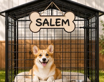 パーソナライズされた木製犬骨ネームサイン – カスタム犬小屋＆クレートタグ、犬部屋のドアプレート、ペットの飼い主へのギフト用木製犬ネームサイン