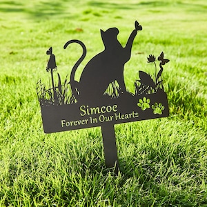 Custom Cat Memorial Stake with Flowers, Personalized Metal Grave Marker, Kitty Name Garden Sign, Outdoor Pet Loss Yard Decor