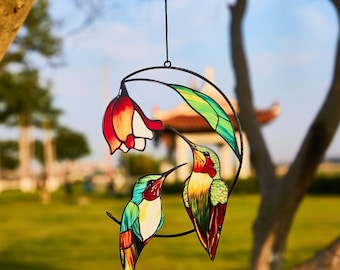 ステンドグラス窓を包むハチドリ装飾ブラックアウト窓フィルムプライバシー霜付きステッカー23.6 x 78.7インチ ステンドグラス窓を包むハチドリ装飾ブラックアウト窓フィルム