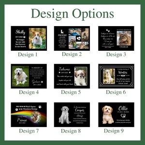 May include: A grid of nine rectangular pet memorial plaques labeled Design 1 through Design 9. Each plaque features a black background with white text, pet names, dates, and photographic portraits of dogs and cats, showcasing various layout options.