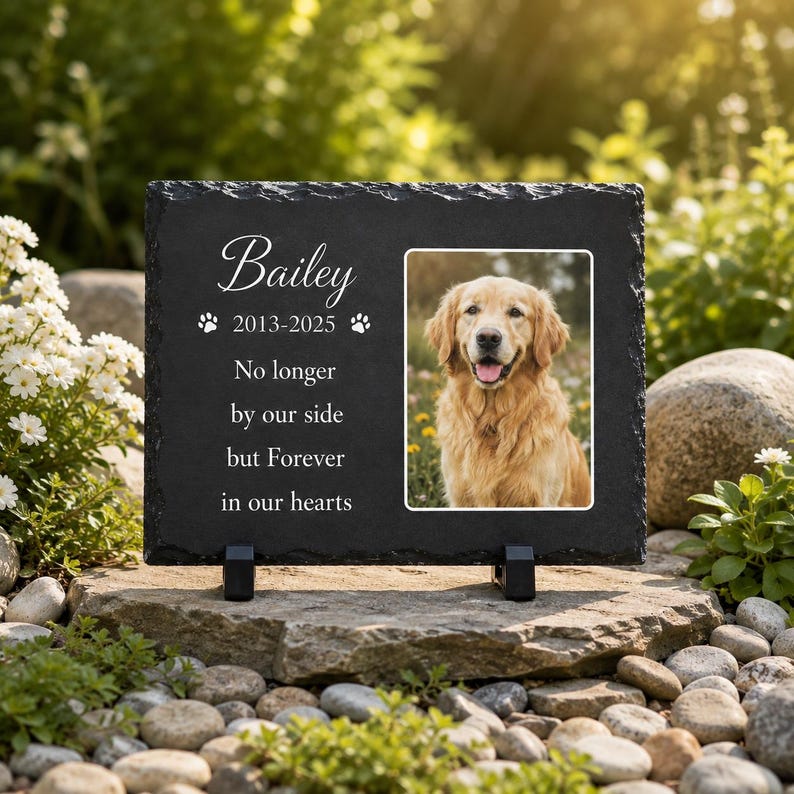 Personalized Pet Memorial Photo Slate Stone, Custom Dog Grave Marker, Dog Remembrance Garden Decor, Outdoor Sympathy Gift for Loss of Pet image 1
