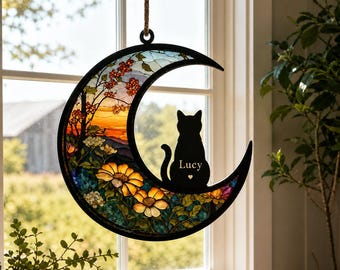 Acchiappasole commemorativo personalizzato per gatti, regalo personalizzato per la perdita di un animale domestico con gatto inciso sulla luna, regalo di condoglianze per la perdita di un amato gatto