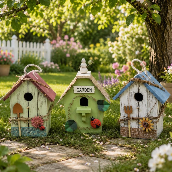 Vintage Rustic Wooden Birdhouse - Shabby Chic Hand-Painted Outdoor Hanging Bird Box, Garden Patio Decor, Unique Gardener Gift
