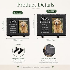 May include: Two rectangular black slate pet memorial plaques with rough-cut edges, featuring a photo of a golden retriever, the name Bailey, dates 2013-2025, and text. Small plaque is 3.7in by 5.51in; large plaque is 5.51in by 7.48in. Includes two black stands.