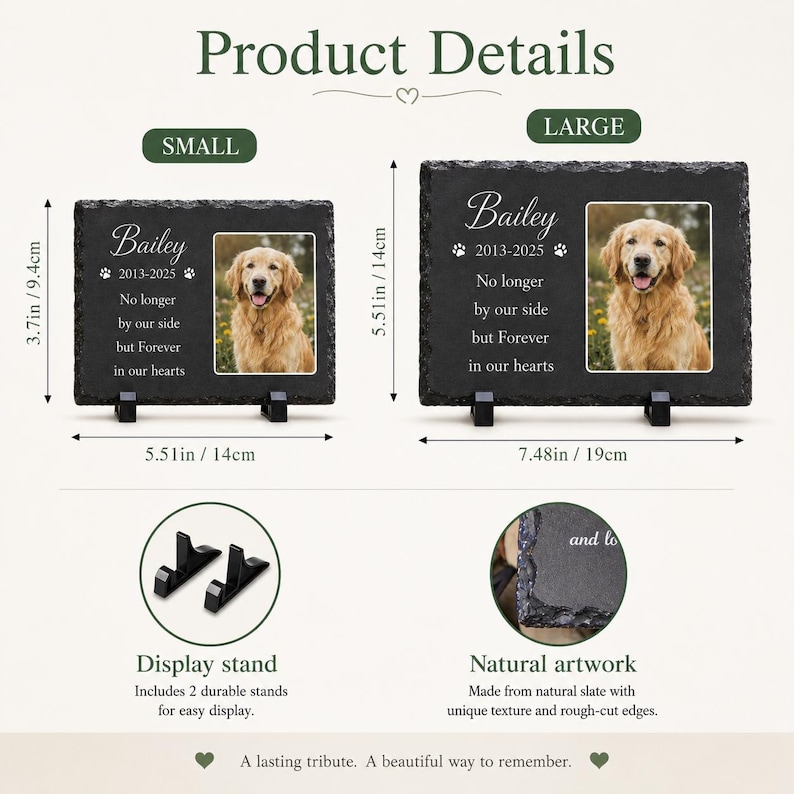 May include: Two rectangular black slate pet memorial plaques with rough-cut edges, featuring a photo of a golden retriever, the name Bailey, dates 2013-2025, and text. Small plaque is 3.7in by 5.51in; large plaque is 5.51in by 7.48in. Includes two black stands.