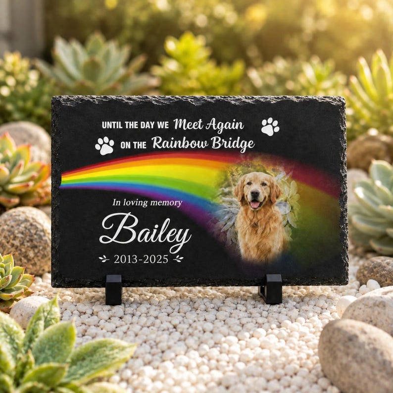 May include: A rectangular black slate memorial plaque featuring a printed rainbow, a golden retriever portrait, and the text: UNTIL THE DAY WE Meet Again ON THE Rainbow Bridge, In loving memory, Bailey, 2013-2025, with two paw print icons.