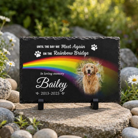 Personalized Pet Memorial Photo Slate Stone, Custom Dog Grave Marker for Garden, Outdoor Sympathy Gift for Loss of Dog Cat