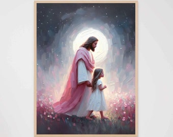 A Calm Evening, Modern Christian Art, Jesus with Girl, Jesus Prints, LDS Painting, Bible Art, Jesus and Kids, Christian Painting, Jesus Art