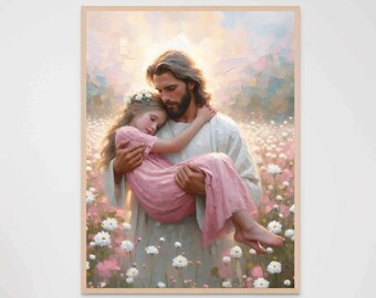 Saved by Him, Christian Wall Art, Jesus with Girl Art, Jesus Picture, LDS Art, Bible Prints, Christ with Kids, Jesus Painting, Christian Art