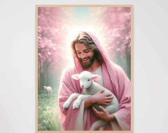 Happy With Him, Christian Art, Jesus Rescues Lamb, Picture of Jesus, LDS Printable, Bible Wall Art, Leave the 99 Art, Jesus Shepherd Prints