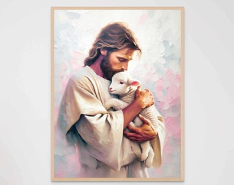 Jesus rettet das Lamm, christliche Wandkunst, Jesus Christus mit Lamm, Jesus Hirte Kunst, HLT Kunst, Bibel-Vers-Wandkunst, Jesus-Download-Kunst