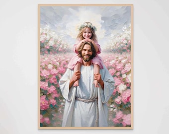 Smiles and Faith, Christian Painting, Jesus and Girl, Jesus with Children, Jesus Art, LDS Art, Bible Painting, Christian Printable Wall Art