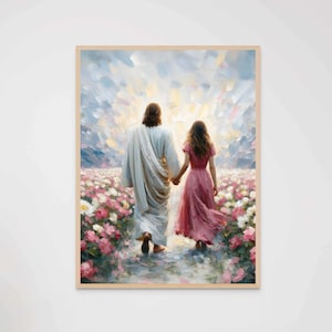 Hand in Hand, Christian Painting, Jesus with Girl, Jesus Painting, LDS Art, Bible Verse Painting, Christian Modern Printable Art, Psalms Art