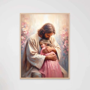 Conexión sagrada, arte mural cristiano, Jesús abrazando a una niña, arte de Jesús, arte mormón, arte mural bíblico, arte de Jesús con niños, Jesús y niños PNG